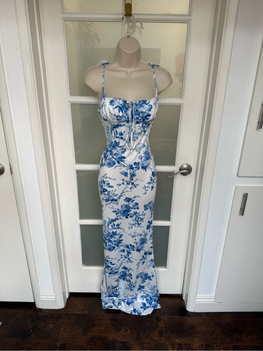 Blue Floral Satin Maxi Dress